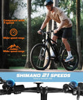 Racer Electric Mountain Bike For Adults With Peak 750W Motor being ridden on a forest trail, highlighting 21-speed gearing.