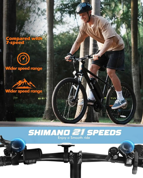 Racer Electric Mountain Bike For Adults With Peak 750W Motor being ridden on a forest trail, highlighting 21-speed gearing.