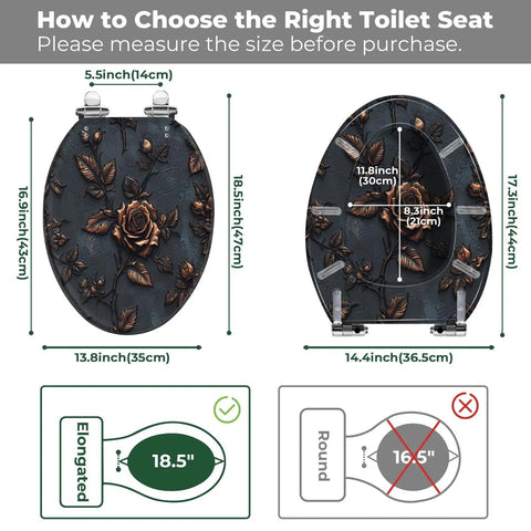 Elongated Resin Toilet Seat for Bathroom dimensions guide, showing size options and measurements for proper fit.