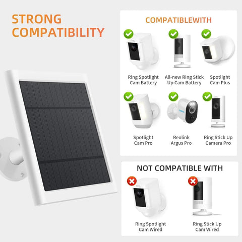 Three Pack 4W Solar Charger Kit For Outdoor Battery Security Cameras With 10ft USB C To Barrel Plug Cable Waterproof Solar Panels compatibility chart