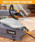 16 Inch Scroll Saw For Woodworking With A Large Tilting Table And Built In Dust Port, close-up view of dust blowing function