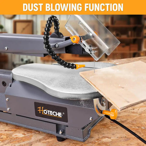 16 Inch Scroll Saw For Woodworking With A Large Tilting Table And Built In Dust Port, close-up view of dust blowing function