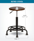 Retro Stool in Rustic Oak Finish with Pneumatic Height Adjustment from 19 to 26 Inches, Extra Wide 19 Inch Base, Antique Steel Frame