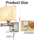 Dimmable Wall Sconce With Swing Arm 7.1 Inch Reading Light Plug In Wall Lamp With Dual USB Ports Flexible Cord showing product dimensions.