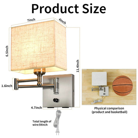 Dimmable Wall Sconce With Swing Arm 7.1 Inch Reading Light Plug In Wall Lamp With Dual USB Ports Flexible Cord showing product dimensions.