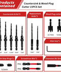 Pro Grade 15 Piece Countersink Drill Bit Set For Woodworking With Nitrided HSS Bits And One Quarter Inch Hex Shank Quick Change Wood Plug Cutters Depth Stop Rings For Woodworking Pros And DIYers Storage Box contents