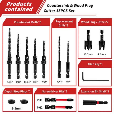 Pro Grade 15 Piece Countersink Drill Bit Set For Woodworking With Nitrided HSS Bits And One Quarter Inch Hex Shank Quick Change Wood Plug Cutters Depth Stop Rings For Woodworking Pros And DIYers Storage Box contents