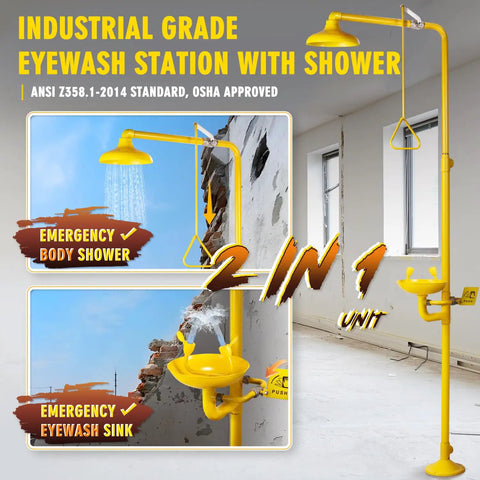 Heavy Duty Emergency Shower And Eye Wash Station Combo For Industrial Safety Worksite Ready NPT Thread 304 Stainless Steel With Yellow Coating OSHA Approved And ANSI Z358 2014 Compliant Ideal For Construction Sites Factories Labs