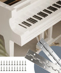 Super Solid 12 Inch Stainless Steel Piano Hinge With Pre Drilled Holes And Screw Kit displayed with a piano keyboard.