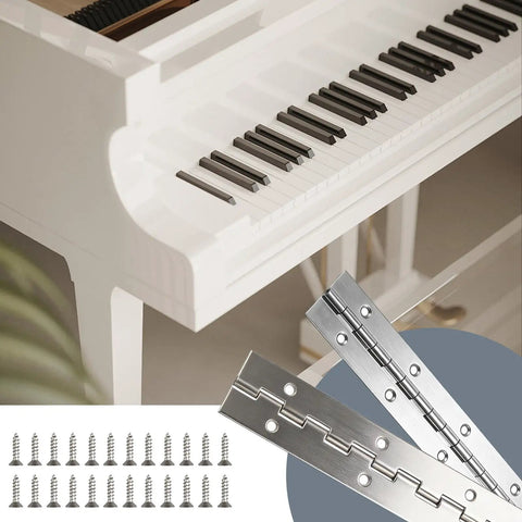 Super Solid 12 Inch Stainless Steel Piano Hinge With Pre Drilled Holes And Screw Kit displayed with a piano keyboard.