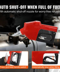Heavy Duty 12V DC Fuel Transfer Pump 16 GPM Gasoline Extractor Kit for Tractors with automatic shut-off nozzle in use.