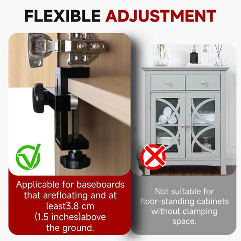 Adjustable Cabinet Door Mounting Jig For Frameless And Face Frame Cabinets Universal Quick Edge Positioner showing hinge alignment on a floating cabinet base.