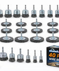 40 Piece Drill Wire Brush Kit With Cup, Wheel, And End Brushes For Rust Removal, Paint Stripping And Metal Cleaning displayed with box