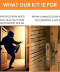 Built Like A Tank Five Piece Door Reinforcement Kit For Jamb And Frame With Hinge Guard Security Latch Stopper To Block Kick Ins And Secure Weak Wood Frames Today, image of a burglar attempting to kick in a door.
