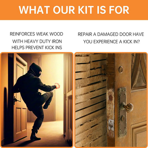 Built Like A Tank Five Piece Door Reinforcement Kit For Jamb And Frame With Hinge Guard Security Latch Stopper To Block Kick Ins And Secure Weak Wood Frames Today, image of a burglar attempting to kick in a door.