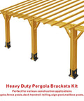 8 Pcs Adjustable Wood Fence Pergola Post Base Brackets Kit Fit 4x4 Posts Actual 3.5x3.5 Inches Black Heavy Duty Post Anchor Base Brackets For Deck Railing shown installed on pergola.