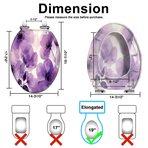 Elongated Toilet Seat Replacement Slow Close for Bathroom dimensions graphic with floral design, showing size specifications and fittings.
