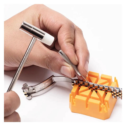 Using All In One Metal Watch Repair Tool Kit With 51 Pieces Including Band Link Pin Remover Back Case Opener Screwdriver And Spring Bar Tool