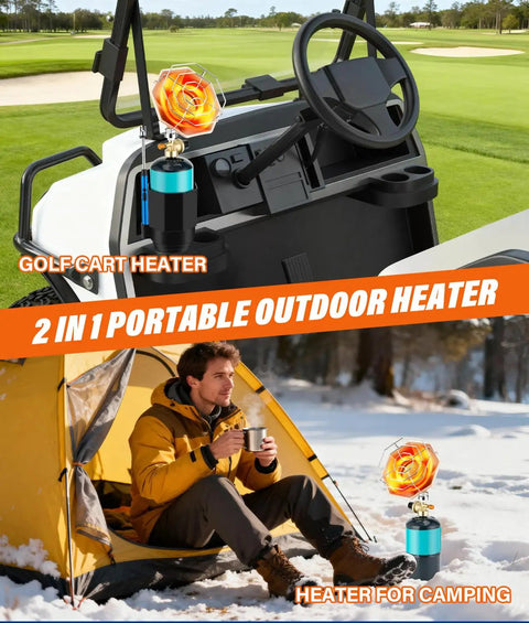 Portable Golf Cart Heater With Cup Holder And Gas Regulator, 6200 BTU Propane Heater With Windproof USB Igniter shown on golf cart