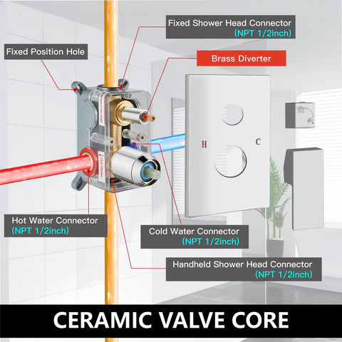 Wall Mount Shower System With Square Rain Shower Head And Hand Sprayer 12 Inch Polished Chrome Finish Rough In Valve Body And Trim Kit Included