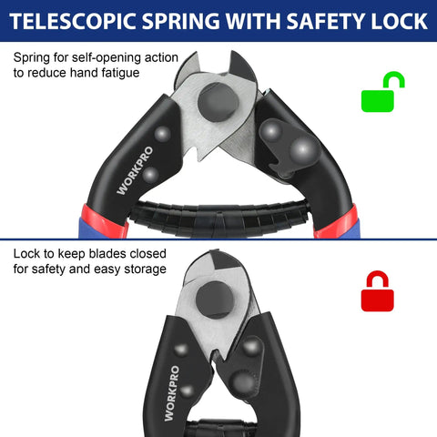 Heavy Duty Cable Cutter For Hard Wire Ropes And Aircraft Cables, Seven And A Half Inch Chrome Vanadium Steel Jaw, with safety lock