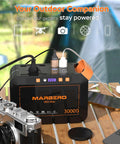 Portable Solar Generator 111Wh Power Station With 30W Solar Panel Included For Camping Outdoor Adventures Off Grid Power Emergency Backup With 120W Surge AC Outlet on campsite table charging devices