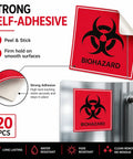 Straight Fire Heavy Duty Waterproof Biohazard Warning Stickers on smooth surface, 4x4 inch red self-adhesive labels in use.