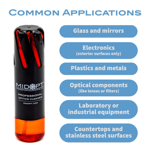 MidOpt Professional Optics Cleaner in a 2 oz tube with orange cap; black bottle with MidOpt logo.