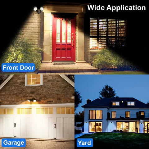 Led Black Two Light Bullet Flood Light 3000K Adjustable Dual Head Outdoor Security Spotlight illuminating house front door and garage