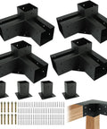 Black heavy duty 3 way pergola bracket kit for 4x4 wood beams, weatherproof anti rust carbon steel for outdoor gazebo support.