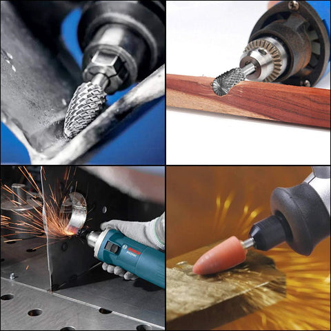 5-piece tungsten carbide rotary burr set with 1/4in shank, double-cut, 8mm heads for die grinders; wood/metal engraving