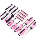 Pink Tool Set For Women 220 Piece Home Repair Kit with screwdrivers and precision bits on white background