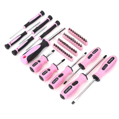 Pink Tool Set For Women 220 Piece Home Repair Kit with screwdrivers and precision bits on white background