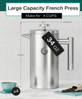 Premium French Press Coffee Maker With Built In Measurement Marks For Smooth Daily Brews Made From Safe Non Toxic Materials In Sleek Silver, 34oz capacity.