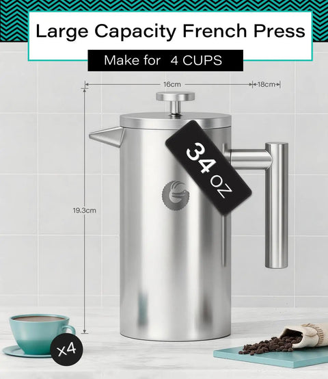 Premium French Press Coffee Maker With Built In Measurement Marks For Smooth Daily Brews Made From Safe Non Toxic Materials In Sleek Silver, 34oz capacity.
