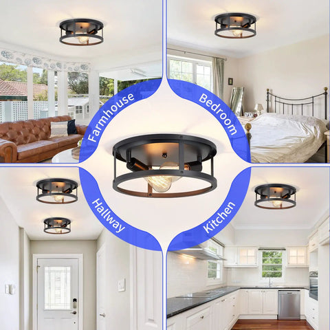 13 Inch Black Flush Mount Ceiling Light Fixture 2 Light 2 Pack Durable Matte Black Finish Sturdy Frame Modern Industrial Farmhouse Ceiling Lights For Kitchen Hallway Bedroom Versatile Living Areas Lighting displayed in various rooms.