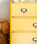 Yellow drawer cabinet with antique bronze card catalog drawer pulls set of 20 for file cabinets office furniture vintage library label.