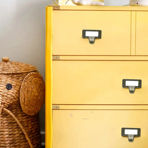 Yellow drawer cabinet with antique bronze card catalog drawer pulls set of 20 for file cabinets office furniture vintage library label.