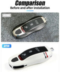 Comparison of Porsche key fob before and after installation with Key Cover For Porsche Macan Cayenne Panamera 911 Boxster Cayman 718 2010 2019.