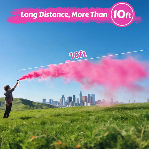 Epic Gender Reveal Fire Extinguisher 2 Pack Color Powder Blaster With Biodegradable Smoke For Baby Shower Party Supplies And Big Blowouts That Shoots Over Ten Feet For Hella Awesome Straight Up Celebrations, man using pink smoke blaster in a field.