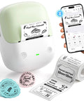 No Sweat Portable Label Maker With Bluetooth And One Touch Offline Printing For Sweet Home Office Organization Ready To Roll Including Tape In Classic Green White Finish with labels and smartphone.
