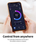 Person holding phone with Smart WiFi Thermostat TJ225 app interface showing temperature control, 72 degrees.