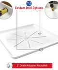 Durable Undrilled Washing Machine Drain Pan Tray With Included One Inch Drain Fitting For Washer And Dryer Floor Protection Against Leaks And Water Damage In White Color showing custom drill options with 1" drain adapter included