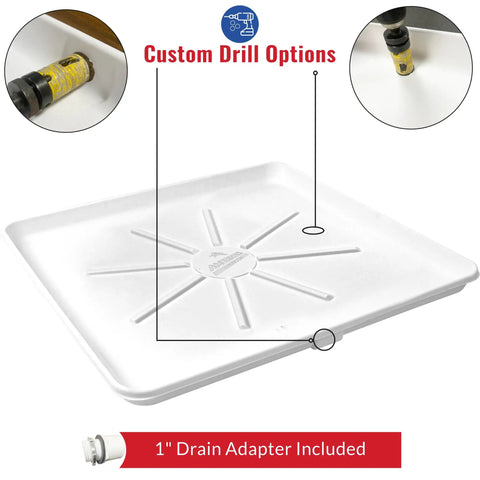 Durable Undrilled Washing Machine Drain Pan Tray With Included One Inch Drain Fitting For Washer And Dryer Floor Protection Against Leaks And Water Damage In White Color showing custom drill options with 1" drain adapter included