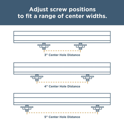 Diagram of 5 Pack Adjustable Drawer Pulls In Champagne Bronze For 2 To 8 13/16 Inch Hole Centers With Classic Curve Design showing screw positions.