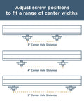 Diagram showing adjustable screw positions for Champagne Bronze Go-To Cabinet Drawer Pulls 5 Pack For Kitchen Cabinets And Dressers Modern Aluminum Handles Fits 2 To 8 13/16 Inch Hole Centers Easy Install Durable Soft Gold Tone.