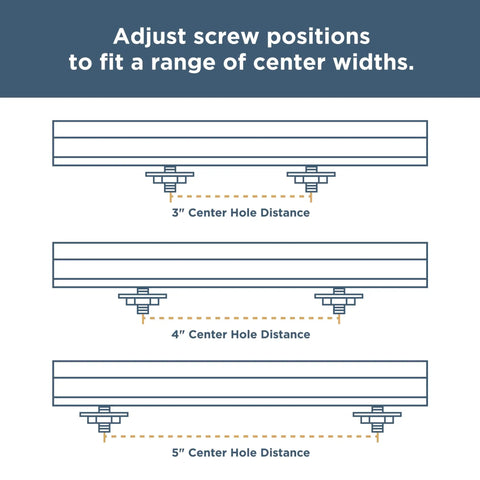 Diagram showing adjustable screw positions for Champagne Bronze Go-To Cabinet Drawer Pulls 5 Pack For Kitchen Cabinets And Dressers Modern Aluminum Handles Fits 2 To 8 13/16 Inch Hole Centers Easy Install Durable Soft Gold Tone.