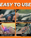 UV Resin Kit For Quick Bonding And Home Repairs Liquid Plastic Welder Cures With UV Light Instant Glue For Plastic Metal Glass Wood Jewelry Fabric And More shown in a step-by-step use guide with UV light curing image.