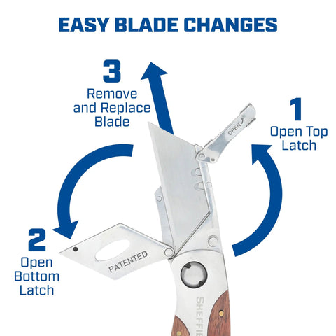 Heavy Duty Hardwood Folding Utility Knife With Foolproof Quick Swap Blades And Grip Tight Lock Back Design showing easy blade change steps.