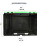 Interior view showing dimensions of Green 15 Inch One Touch Tool Box With Tray Openable With One Hand And Padlock Security Slot